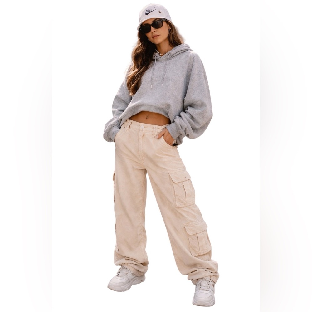 BDG Urban Outfitters Y2K Corduroy Cargo Pants Beige Cream Baggy Wide Leg Size M